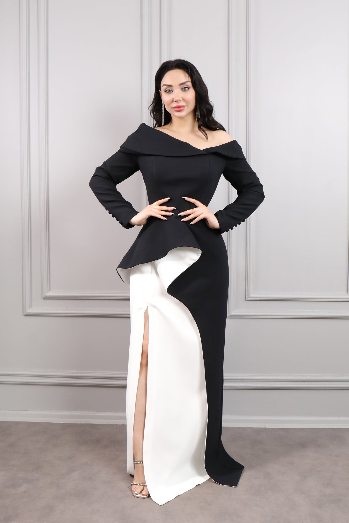 فستان سهرة مكشوف الكتف بفتحة جانبية مقاس كبير -اسود