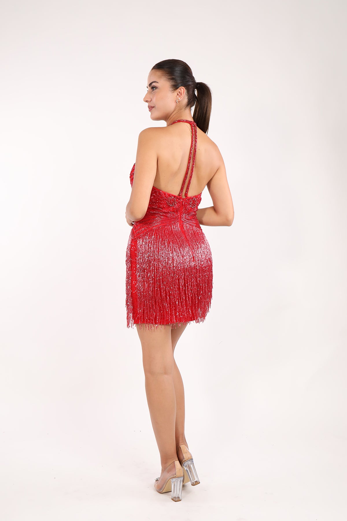 فستان سهرة قصير بتطريز بالخرز والترتر -احمر