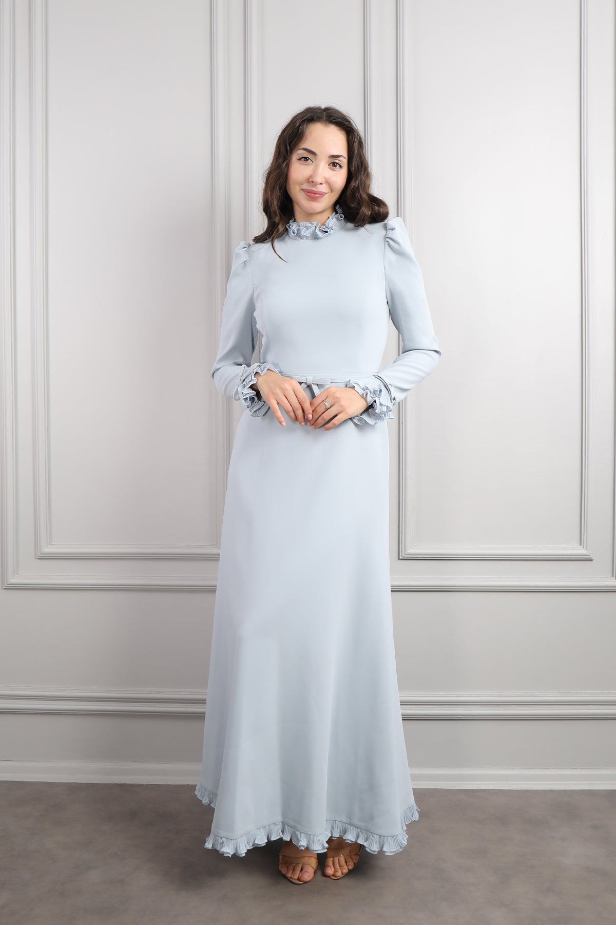 فستان ساتر بتفاصيل كشكشة وحزام فيونكة -ازرق