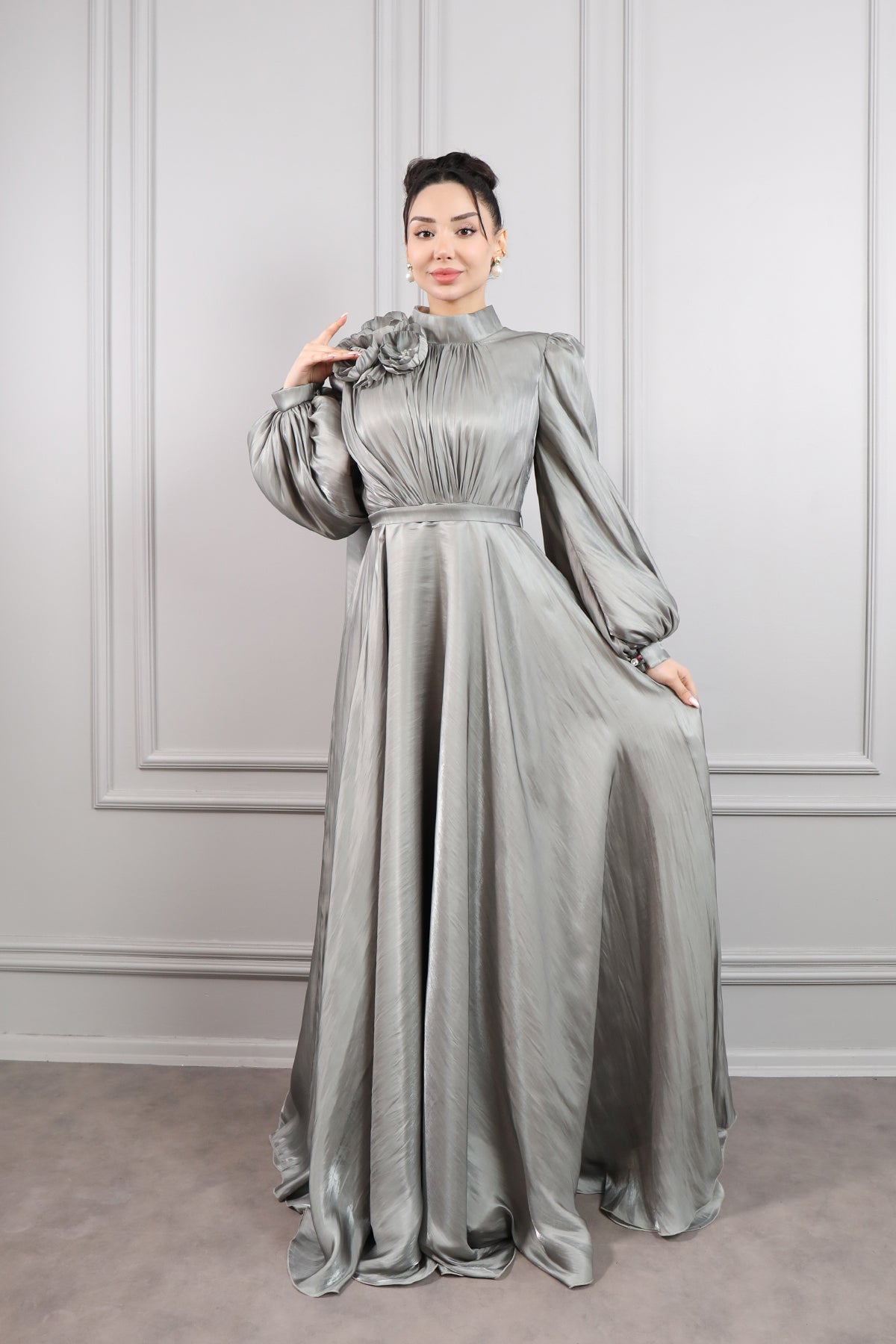 فستان سهرة شيفون خناقي للحجاب بزينة وردة -اخضر فاتح