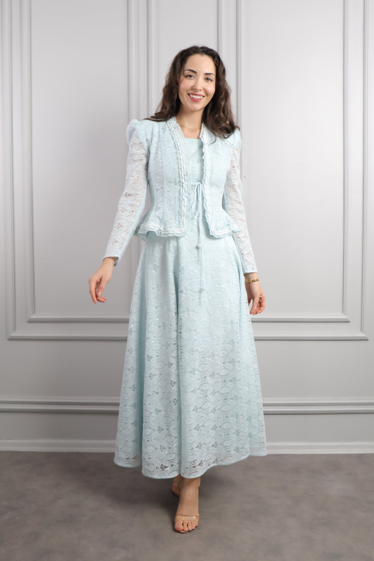 طقم فستان وجاكيت مع اكسسوار شنطة -ازرق