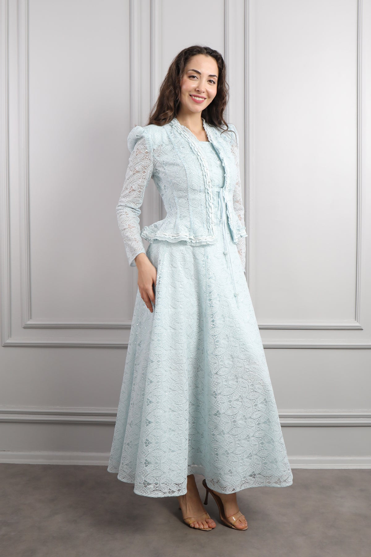 طقم فستان وجاكيت مع اكسسوار شنطة -ازرق