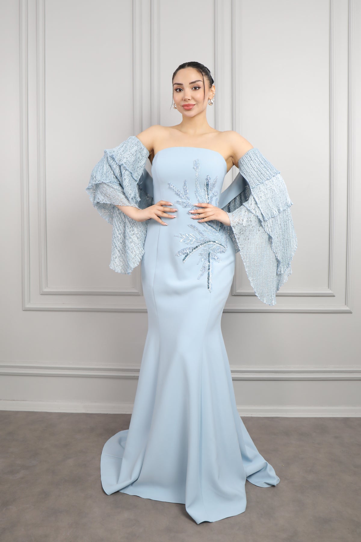 فستان سهرة سترابلس مطرز بالخرز مع معطف مقاس كبير -ازرق