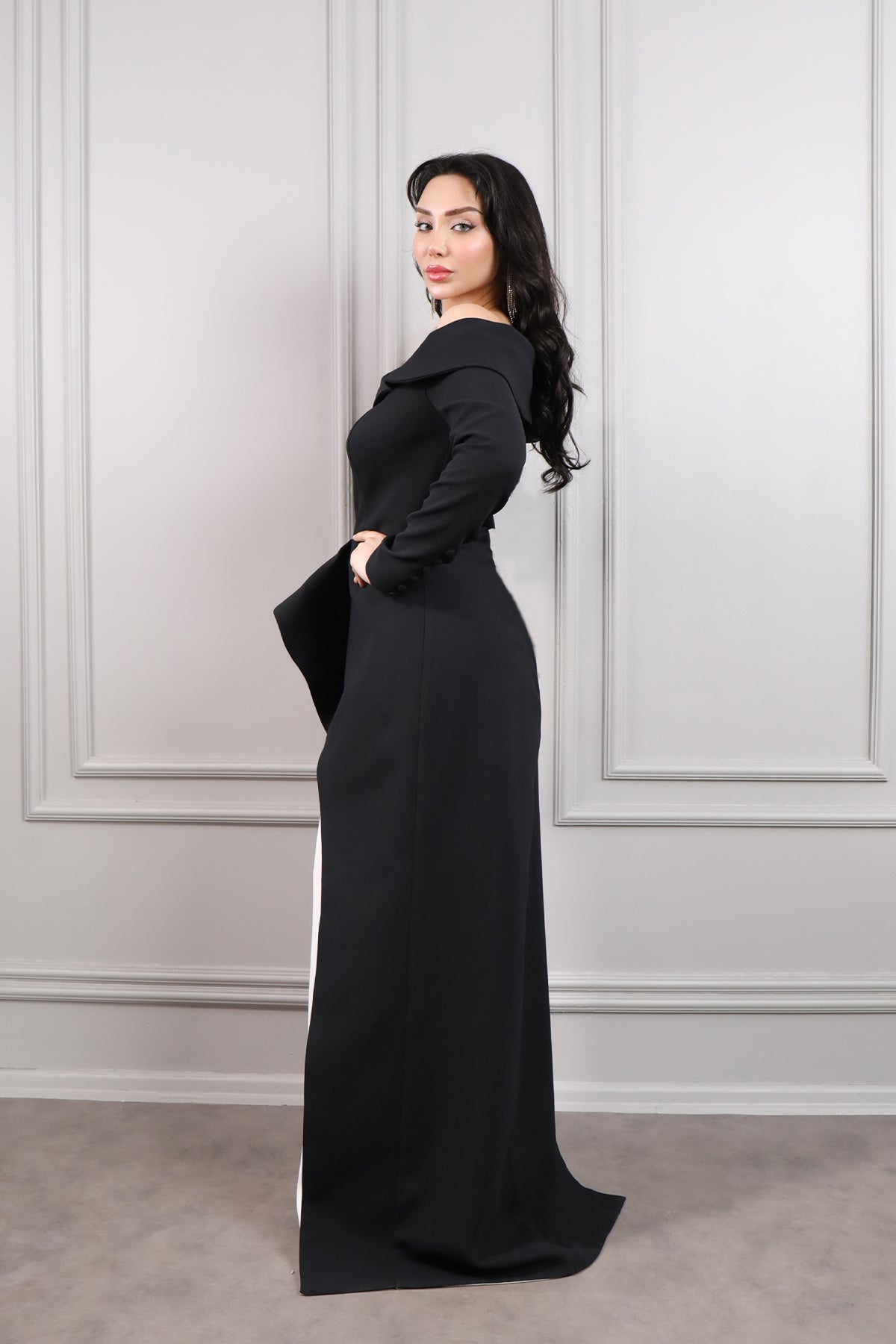 فستان سهرة مكشوف الكتف بفتحة جانبية مقاس كبير -اسود