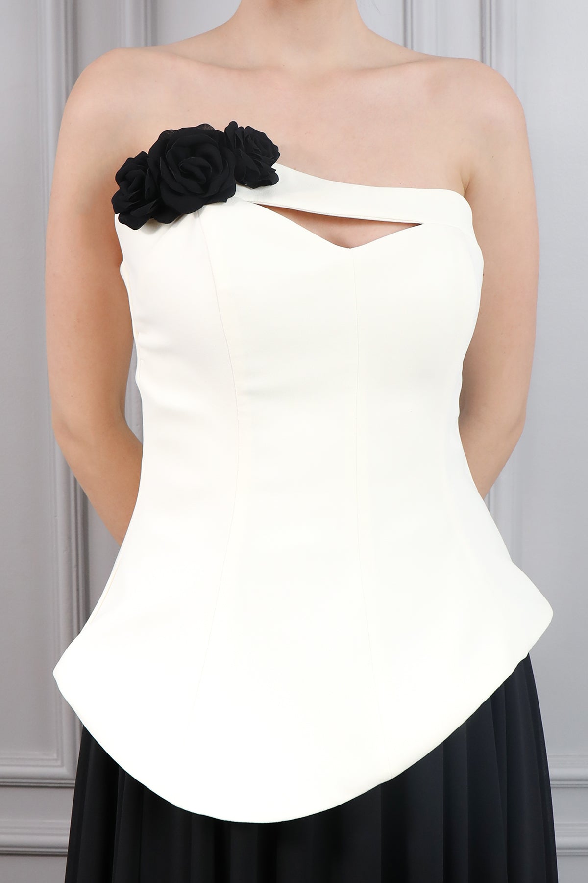 فستان سهرة شيفون سترابلس بزينة وردة -اسود-سكري