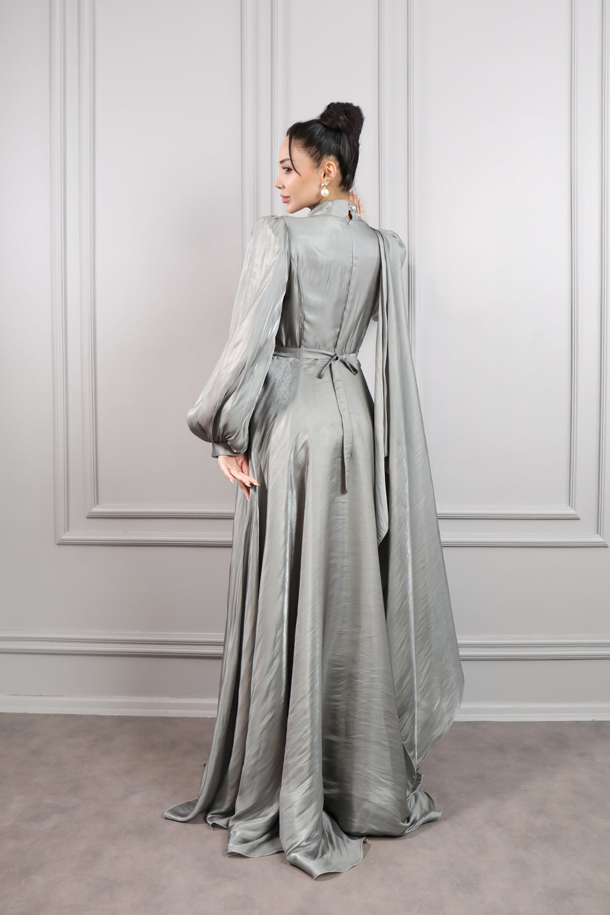 فستان سهرة شيفون خناقي للحجاب بزينة وردة -اخضر فاتح