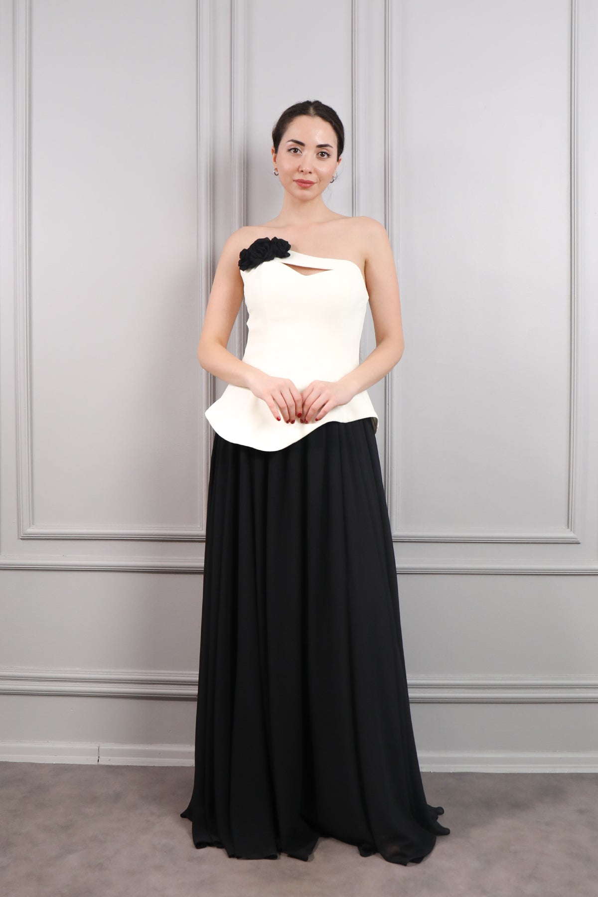 فستان سهرة شيفون سترابلس بزينة وردة -اسود-سكري