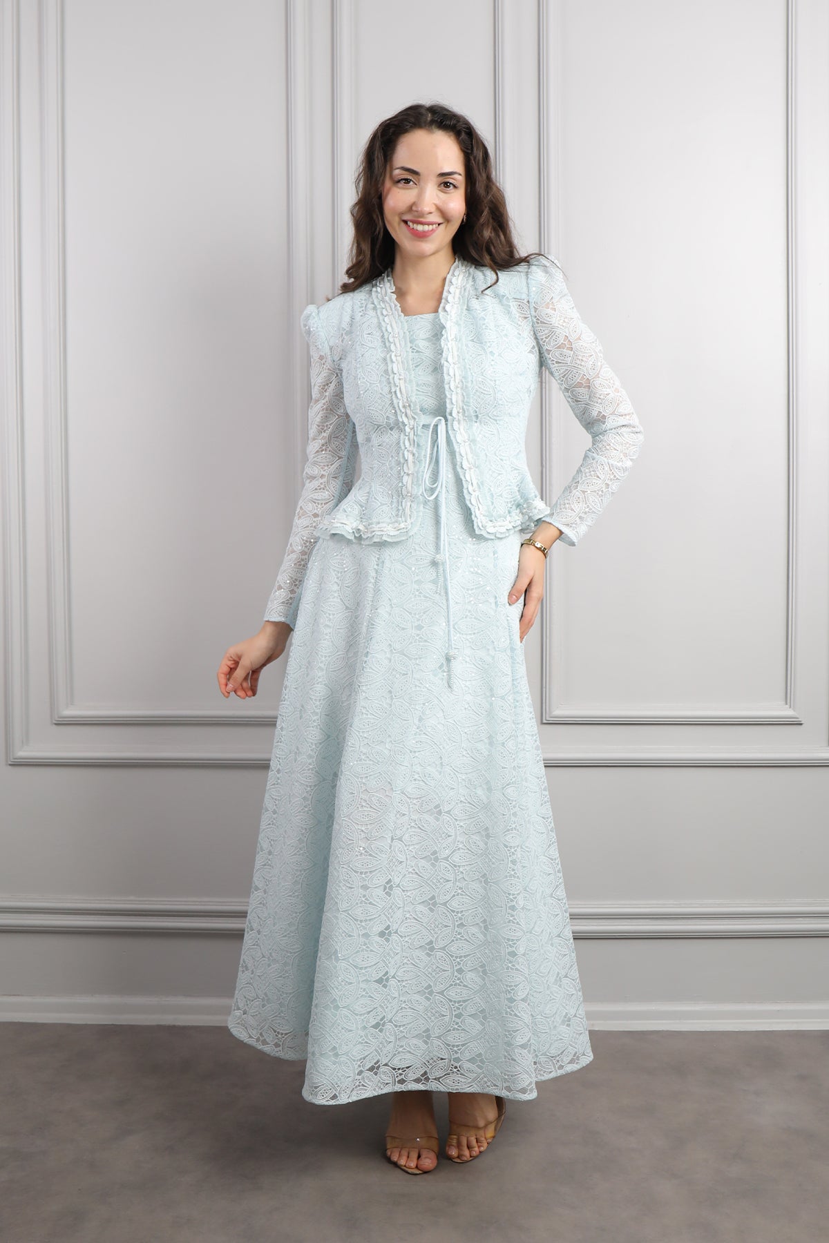 طقم فستان وجاكيت مع اكسسوار شنطة -ازرق