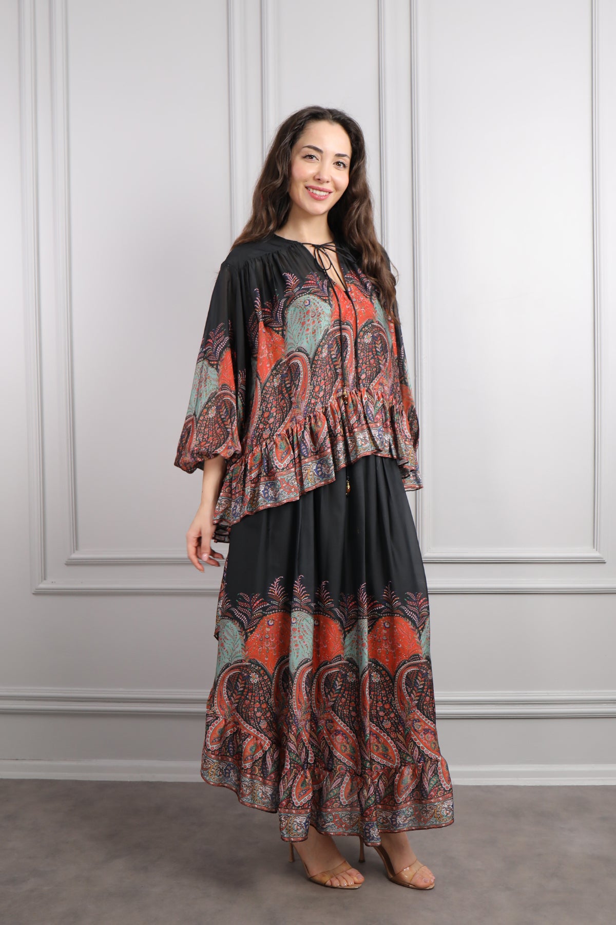 طقم تنورة وبلوزة شيفون مزين بالنقشات -برتقالي