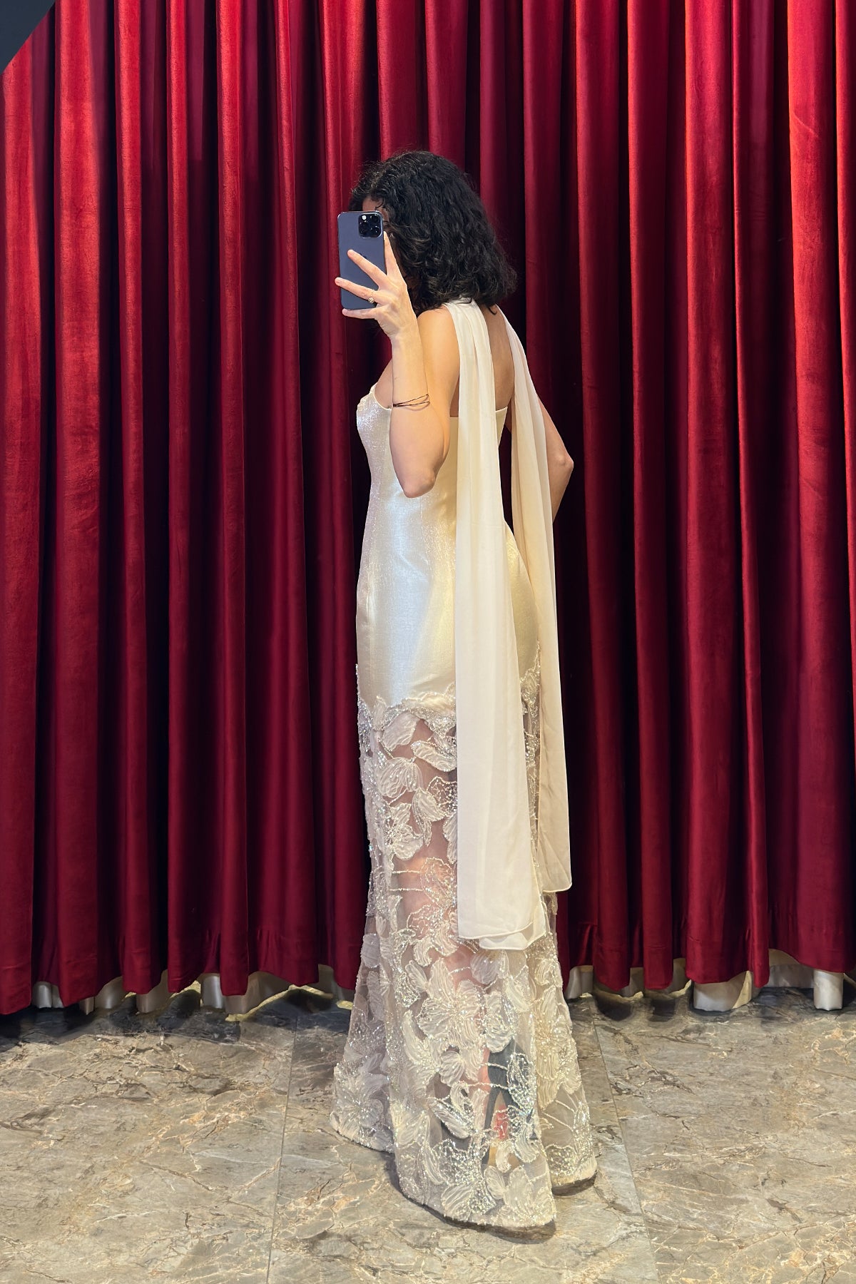 Strapless Evening Gown With A Sheer Floral-Print Scarf Detail