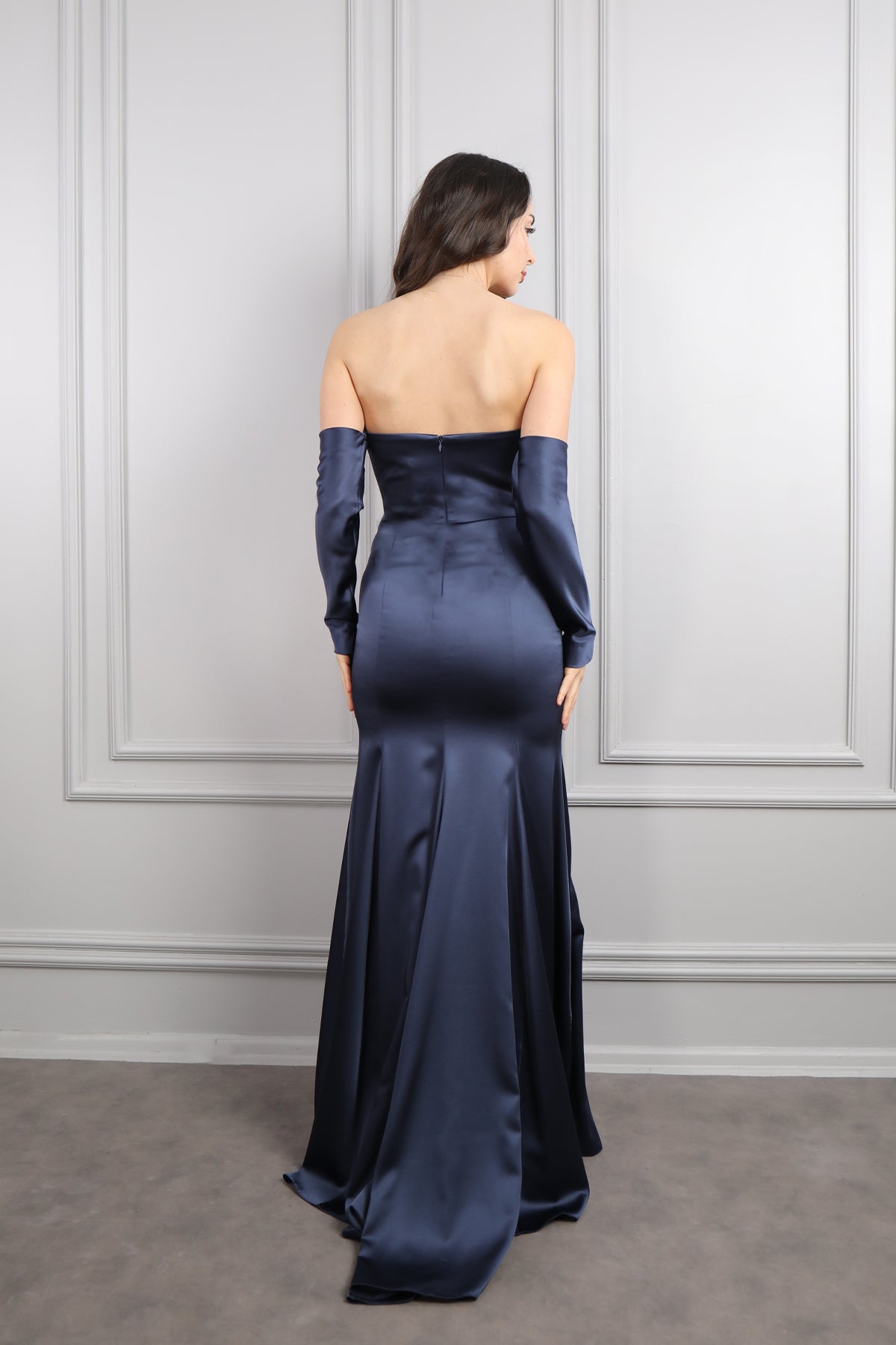 فستان سهرة سترابلس ساتان باكمام متحركة -كحلي