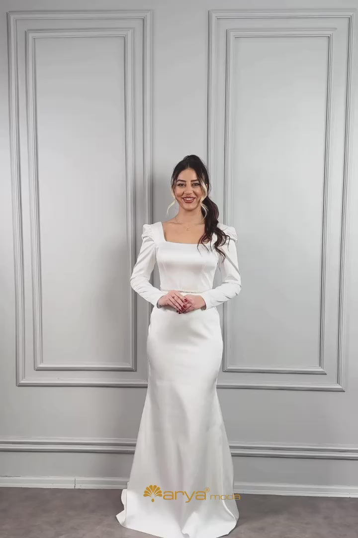 فستان سهرة ساتان بياقة مربعة وحزام عالخصر -ابيض