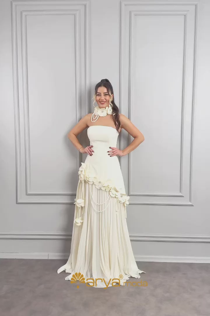 فستان سهرة سترابلس مزين بالورود بتنورة مكسرة -سكري