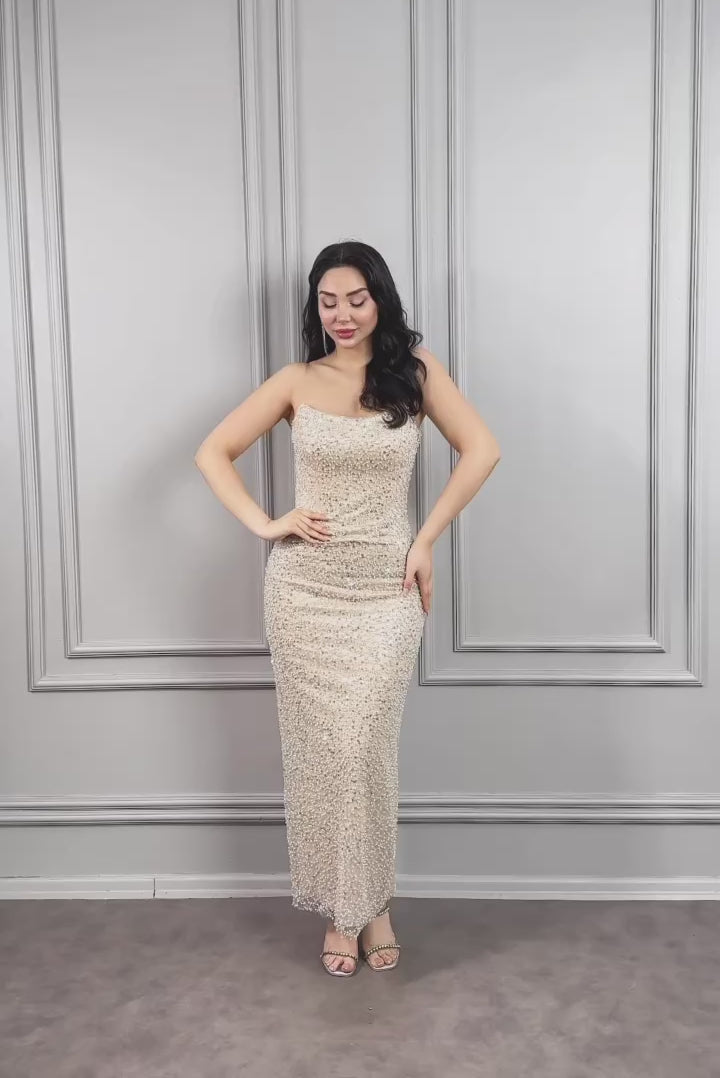 فستان سهرة سترابلس مطرز باللؤلؤ -بيج