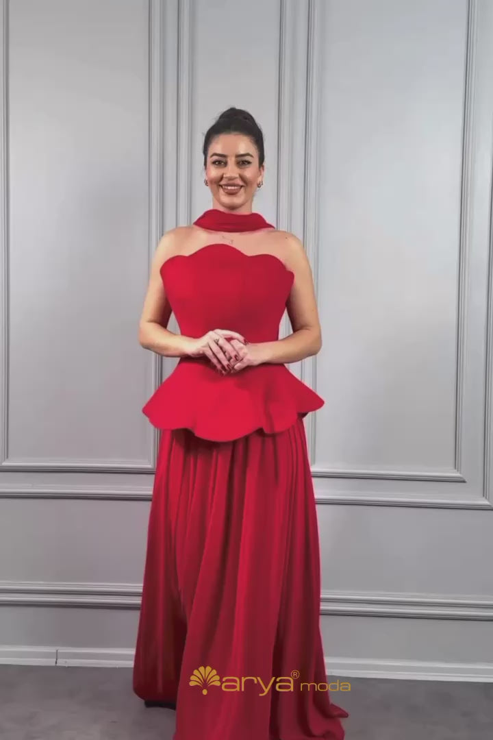 فستان سهرة سترابلس بتفاصيل كورسيه وتنورة شيفون -احمر