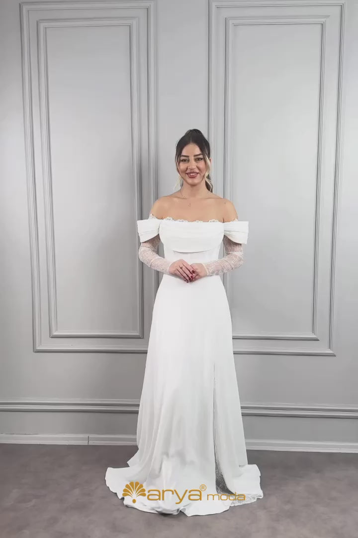 فستان سهرة مكشوف الاكتاف بتفاصيل دانتيليلة -ابيض