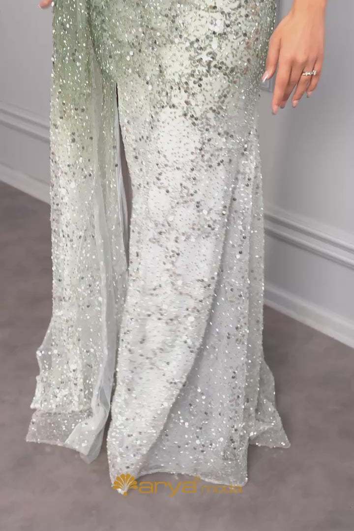 فستان سهرة بحمالة واحدة ومطرز بالكريستالات من "المجموعة الخاصة" -اخضر