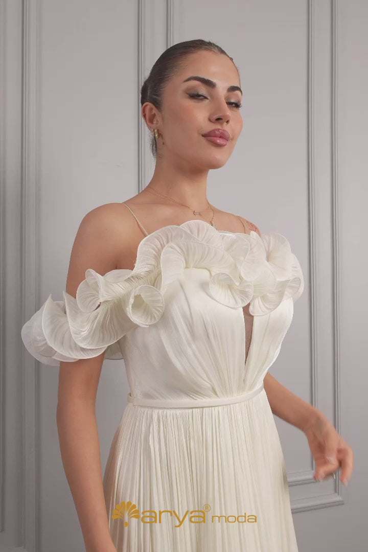 فستان سهرة ميدي بأكتاف مكشوفة، وياقة مكشكشة بحبل ربط خلفي، وتنورة مكسرة -سكري