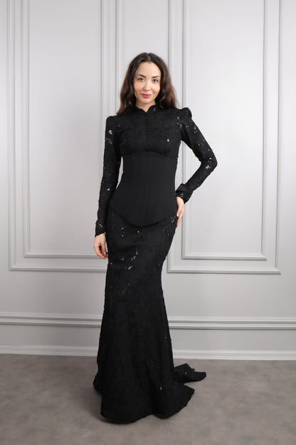 فستان سهرة خناقي بتفصيل كورسيه وتطريزات ترتر -اسود