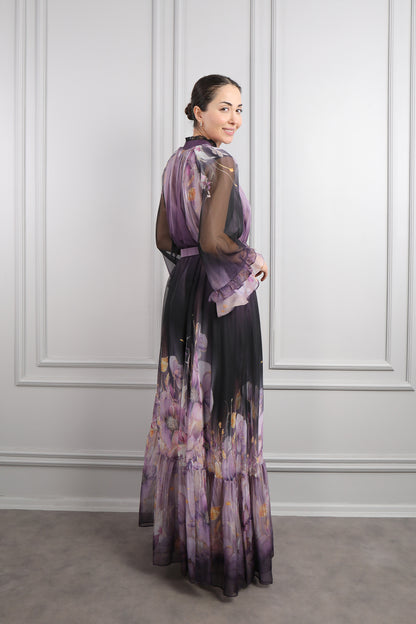 فستان شيفون مزين بنقشات ورود وتطريزات خرزية مقاس كبير -ارجواني