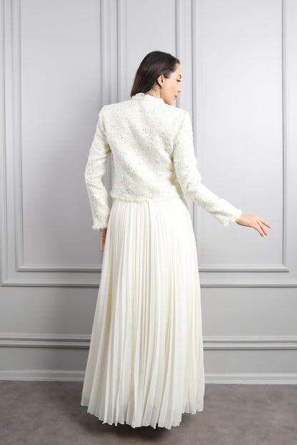 طقم فستان بتكسيرات وجاكيت بتفاصيل لامعة -سكري