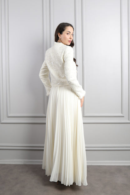 طقم فستان بتكسيرات وجاكيت بتفاصيل لامعة -سكري