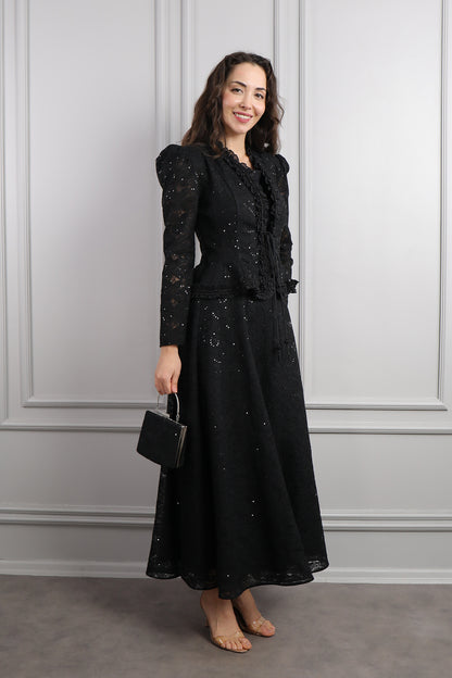 طقم فستان وجاكيت مع اكسسوار شنطة -اسود