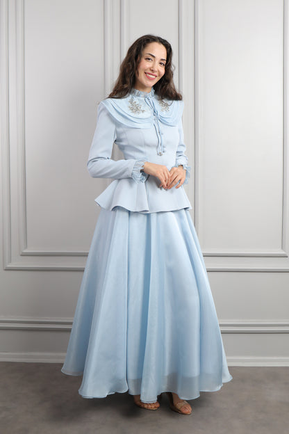 طقم تنورة وجاكيت بياقة اطفال تنربط -ازرق