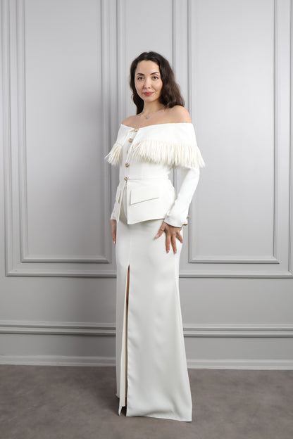 فستان سهرة مكشوف الاكتاف مزين بريش-سكري