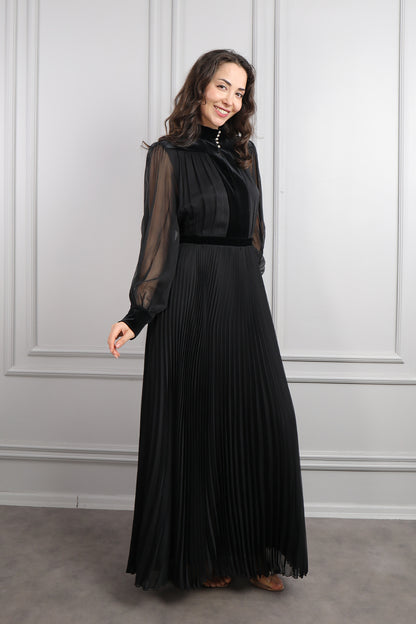 فستان شيفون خناقي بتفاصيل مخملية مقاس كبير -اسود