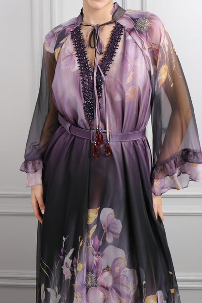 فستان شيفون مزين بنقشات ورود وتطريزات خرزية مقاس كبير -ارجواني