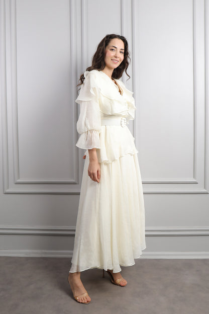 فستان بكشكشات وتطريزات خرزية مع حزام عالخصر -سكري