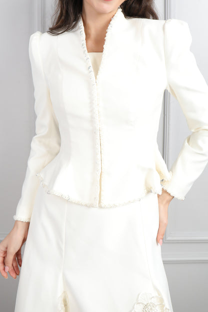 طقم فستان وجاكيت مزين بالخرز والورود -سكري