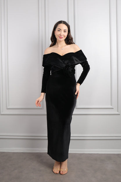 فستان سهرة مخملي مكشوف الاكتاف -اسود