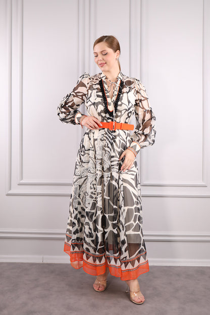 فستان شيفون بزخرفة على الياقة وحزام خصر مقاس كبير -اسود