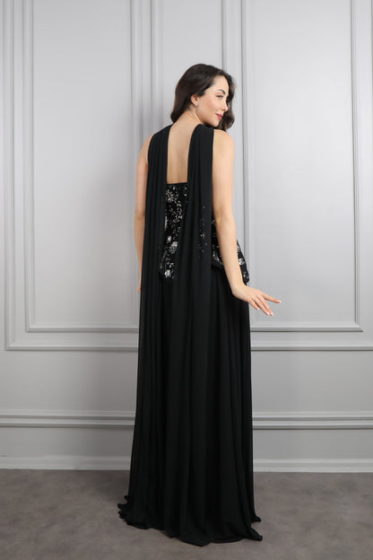 فستان سهرة شيفون بتوب سترابلس مزين بكريستالات ورود مع شال -اسود
