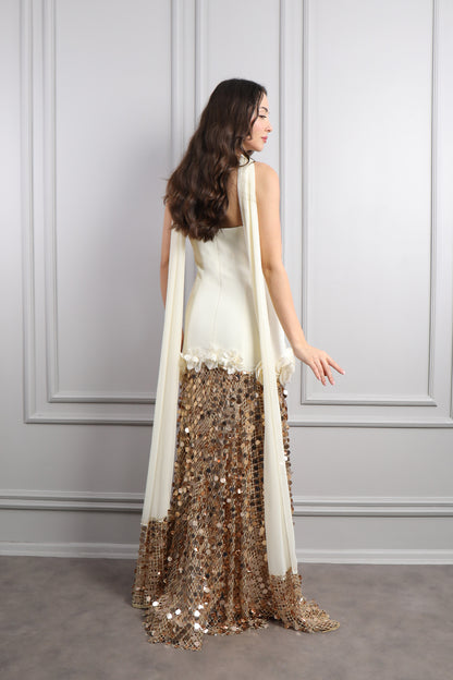 فستان سهرة سترابلس بزينة ورود وترتر مع شال -سكري وذهبي