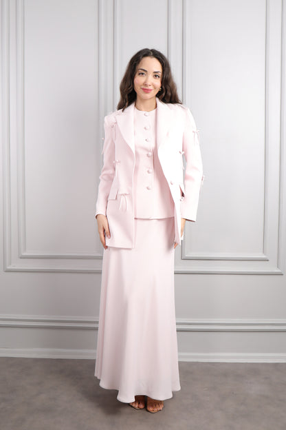 طقم تنورة وتوب وجاكيت بزينة فيونكات -بمبي