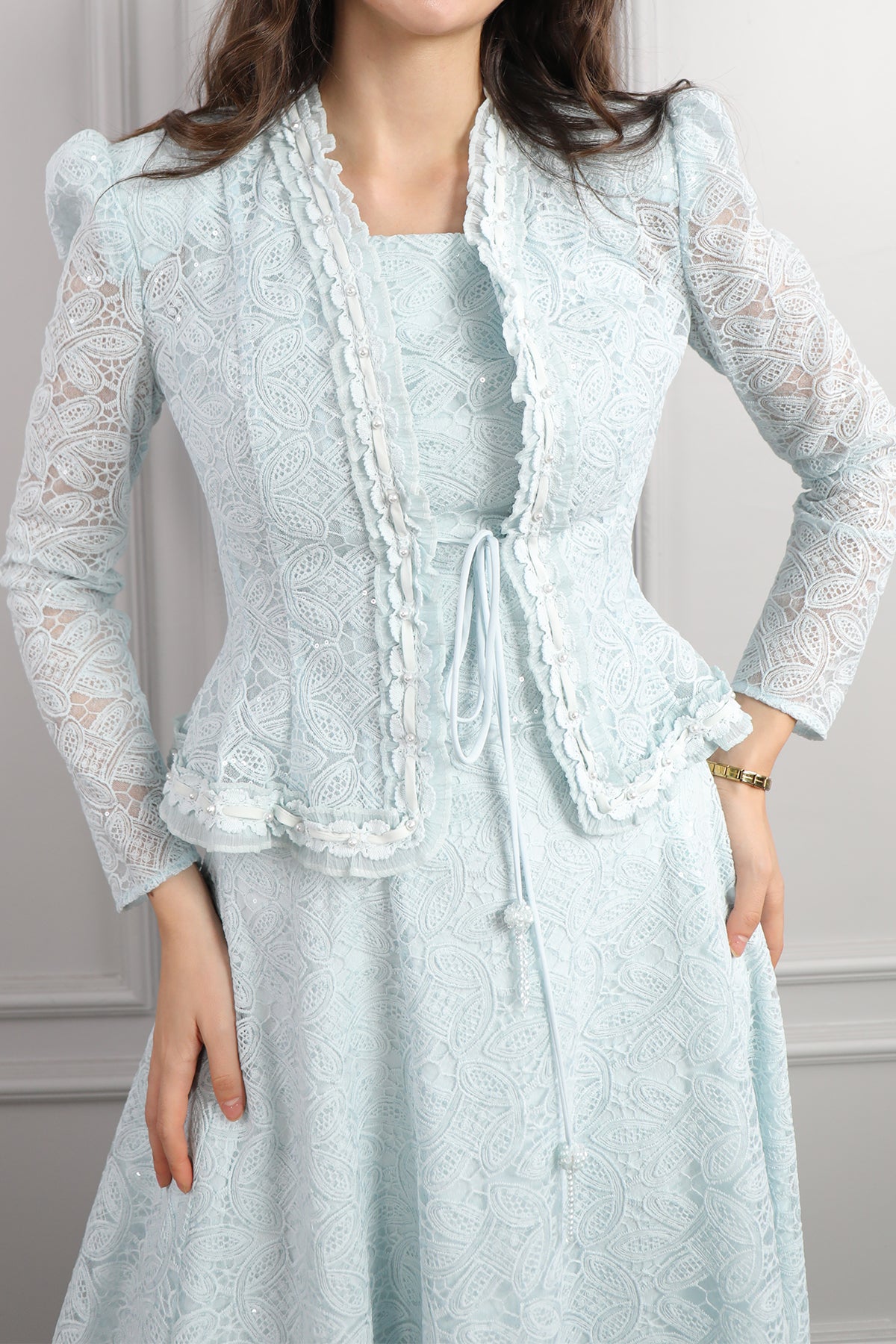 طقم فستان وجاكيت مع اكسسوار شنطة -ازرق