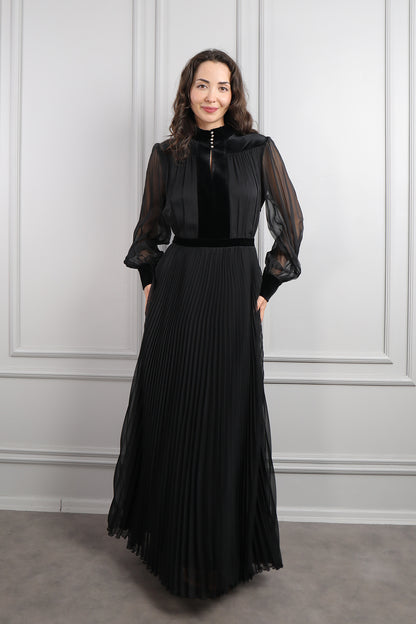 فستان شيفون خناقي بتفاصيل مخملية مقاس كبير -اسود