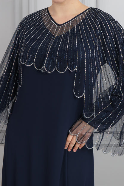 فستان مقاس كبير  بالتول في الاعلى مزخرف بالفصوص -كحلي