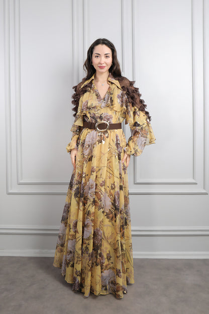 فستان شيفون بتفاصيل كشكشة ونقشات ورود مقاس كبير -اصفر