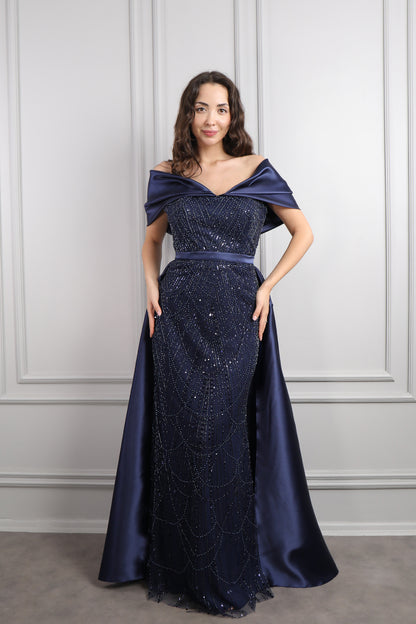 فستان سهرة مكشوف الاكتاف مطرز بالخرز مع ذيل طويل مقاس كبير -كحلي