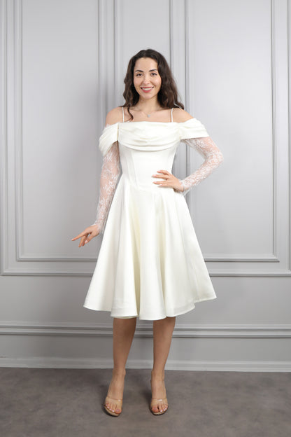 فستان سهرة ميدي ساتان مكشوف الاكتاف باكمام دانتيلية -سكري