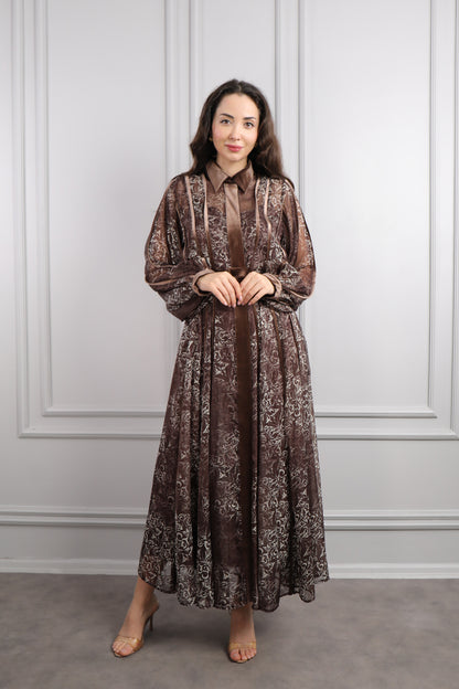 فستان بياقة قميص وحزام بتفاصيل مخمل وزخرفة شفافة -بني