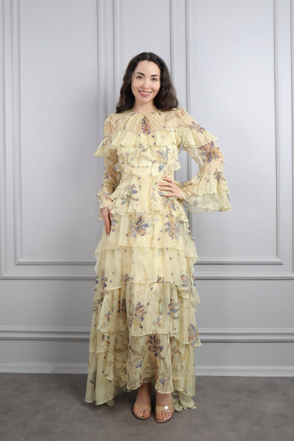 فستان شيفون بتفاصيل كشكشة منقوش بورود مقاس كبير -اصفر