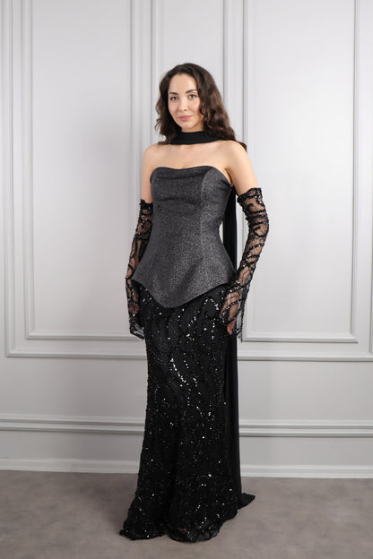 فستان سهرة سترابلس لامع بتطريزات ترتر مع شال شيفون -اسود