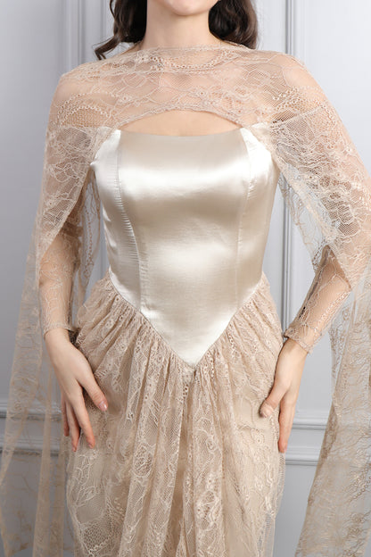 فستان سهرة سترابلس بفاصيل دانتيل وكايب من الكتف -بيج