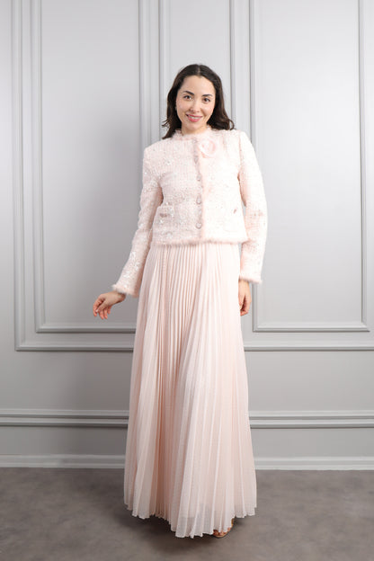 طقم فستان بتكسيرات وجاكيت بتفاصيل لامعة -بمبي