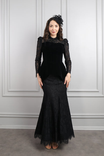 طقم تنورة مخملي بتصميم سمكة واكسسوار للشعر -اسود